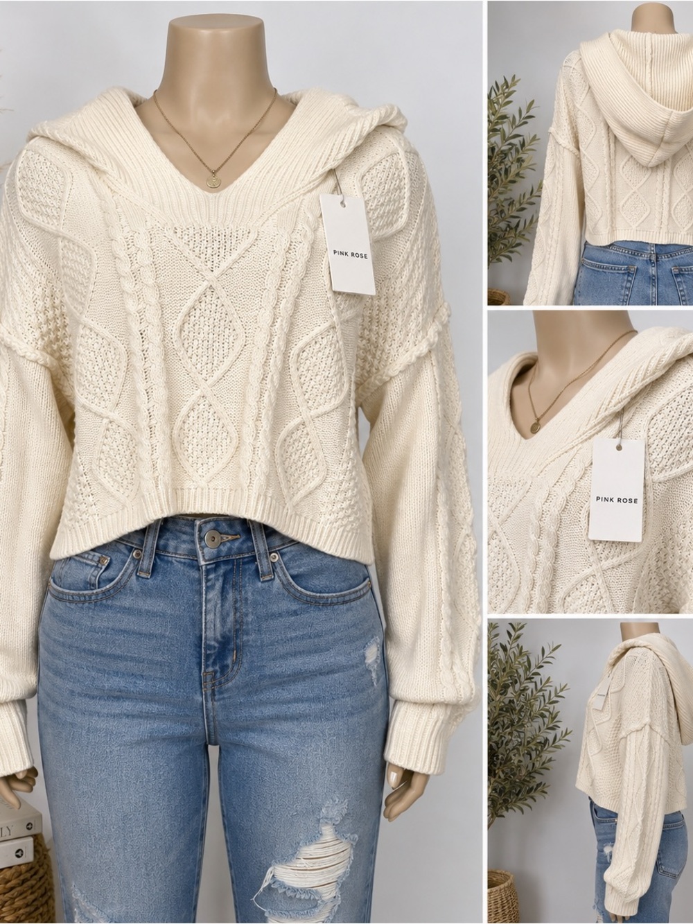Pink Rose Women’s M NWT Ivory Cable Knit Cropped Hooded Sweater Boho Chunky
